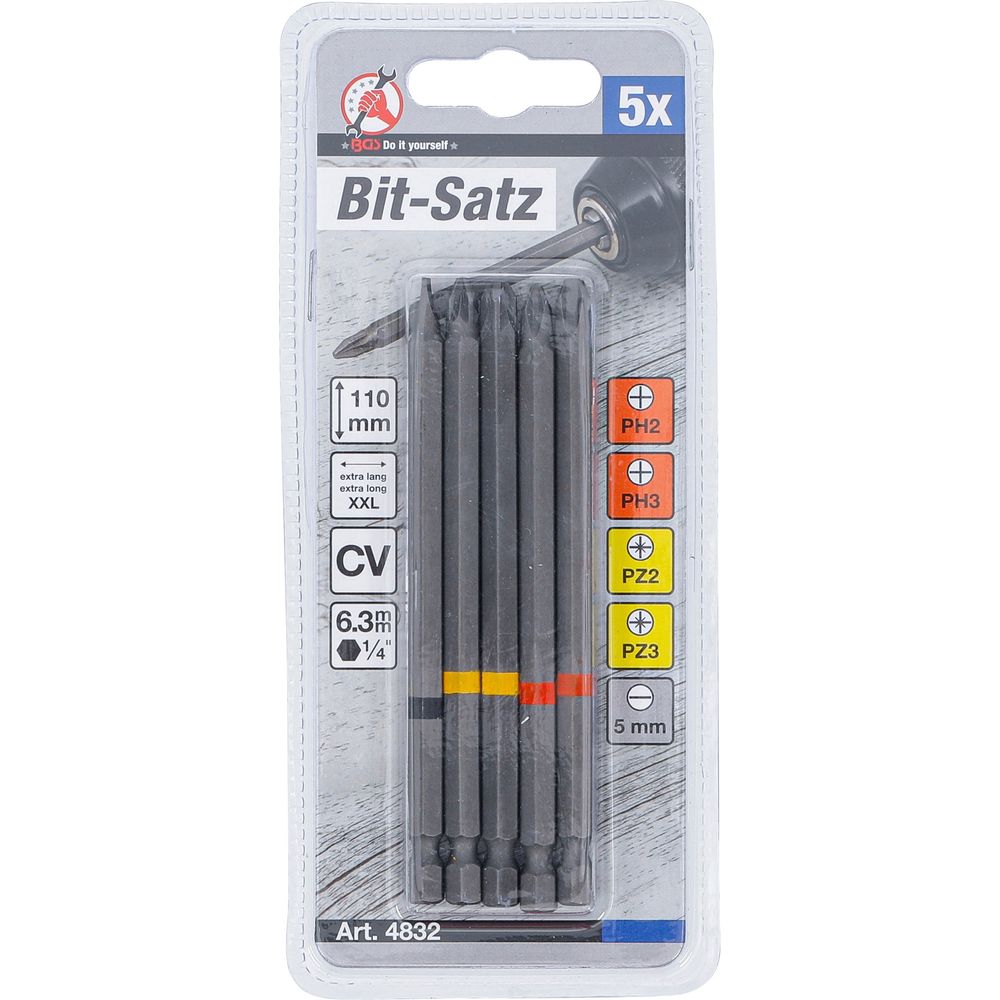 Bit-Satz 6,3mm (1/4") Antrieb, Kreuzschlitz PH, Kreuzschlitz PZ, Schlitz SL, Länge 110mm, 5-tlg. Bit-Satz 6,3mm (1/4") Antrieb, Kreuzschlitz PH, Kreuzschlitz PZ, Schlitz SL, Länge 110mm, 5-tlg.