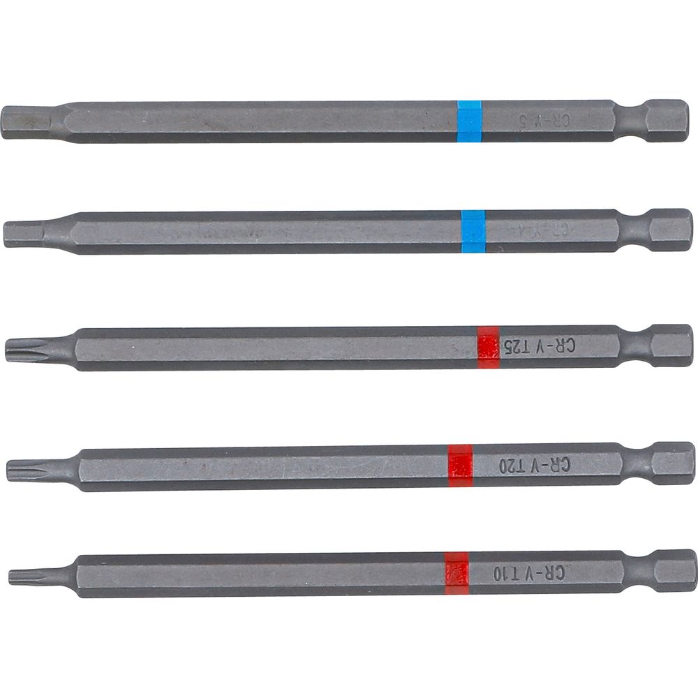 Bit-Set, 6.3mm (1/4") Antrieb, Innensechskant und T-Star (für Torx), Länge 110mm, 5-tlg. Bit-Set, 6.3mm (1/4") Antrieb, Innensechskant und T-Star (für Torx), Länge 110mm, 5-tlg.
