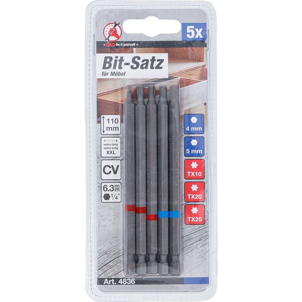 Bit-Set, 6.3mm (1/4") Antrieb, Innensechskant und T-Star (für Torx), Länge 110mm, 5-tlg. Bit-Set, 6.3mm (1/4") Antrieb, Innensechskant und T-Star (für Torx), Länge 110mm, 5-tlg.