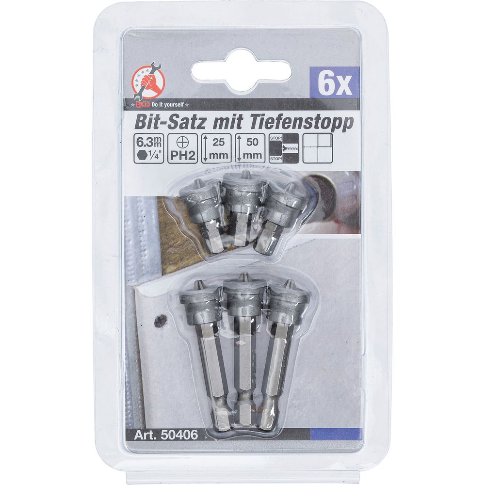 Bit-Set mit Tiefenanschlag für Gipskarton, 6,3mm (1/4") Aufnahme, Kreuzschlitz PH2, 6-tlg. Bit-Set mit Tiefenanschlag für Gipskarton, 6,3mm (1/4") Aufnahme, Kreuzschlitz PH2, 6-tlg.