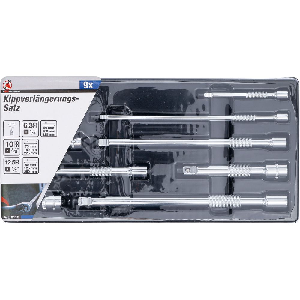 "Wobble" extension bar set 6.3/10/12.5mm (1/4"–3/8"–1/2"), 9pcs "Wobble" extension bar set 6.3/10/12.5mm (1/4"–3/8"–1/2"), 9pcs
