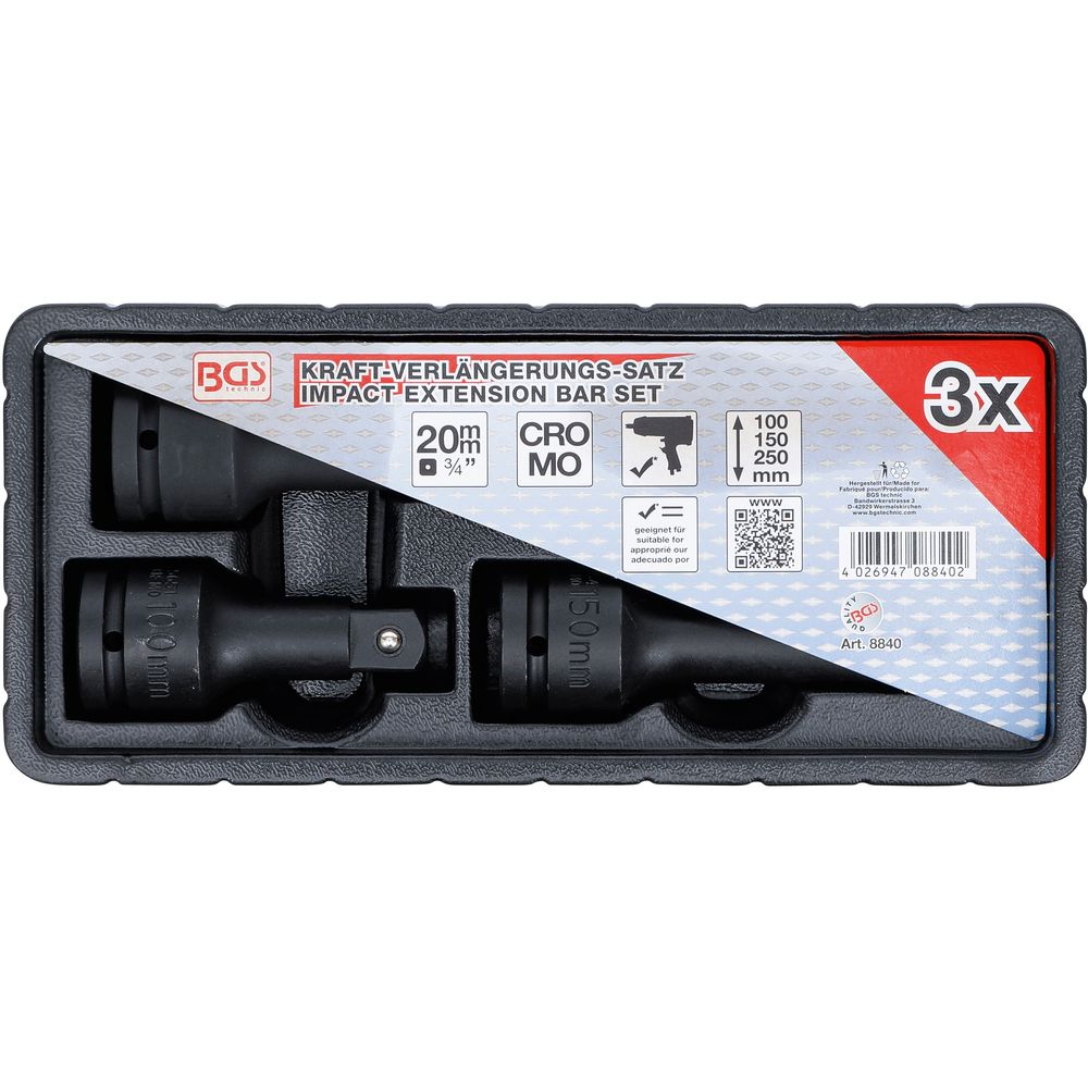 Impact Extension Bar Set, external/internal square 20 mm (3/4"), 3 pcs. Impact Extension Bar Set, external/internal square 20 mm (3/4"), 3 pcs.