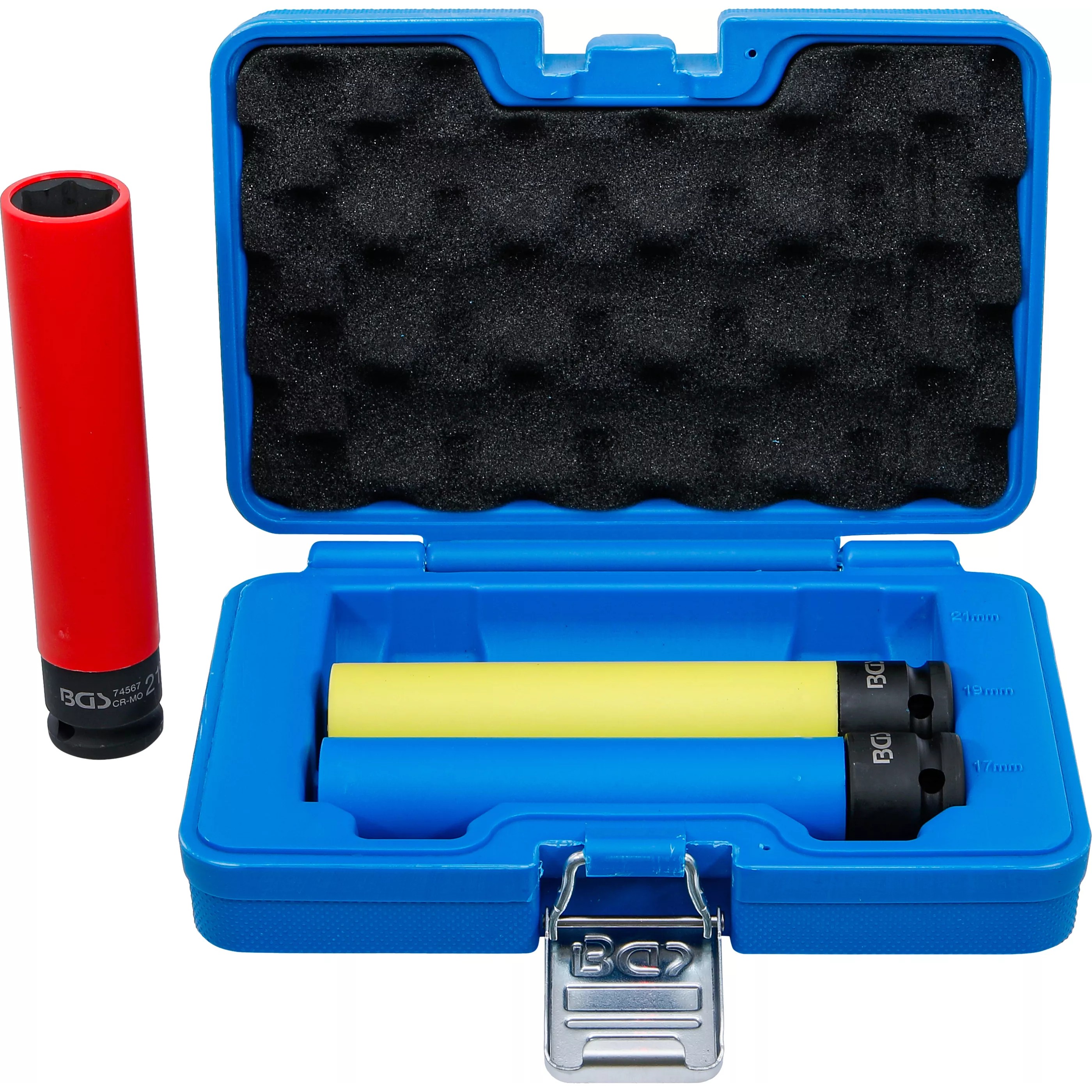 Schlag-Stecknuss-Satz mit Felgenschutz, extra lang, 3-tlg. (17/19/21mm), 1/2" Antrieb Schlag-Stecknuss-Satz mit Felgenschutz, extra lang, 3-tlg. (17/19/21mm), 1/2" Antrieb
