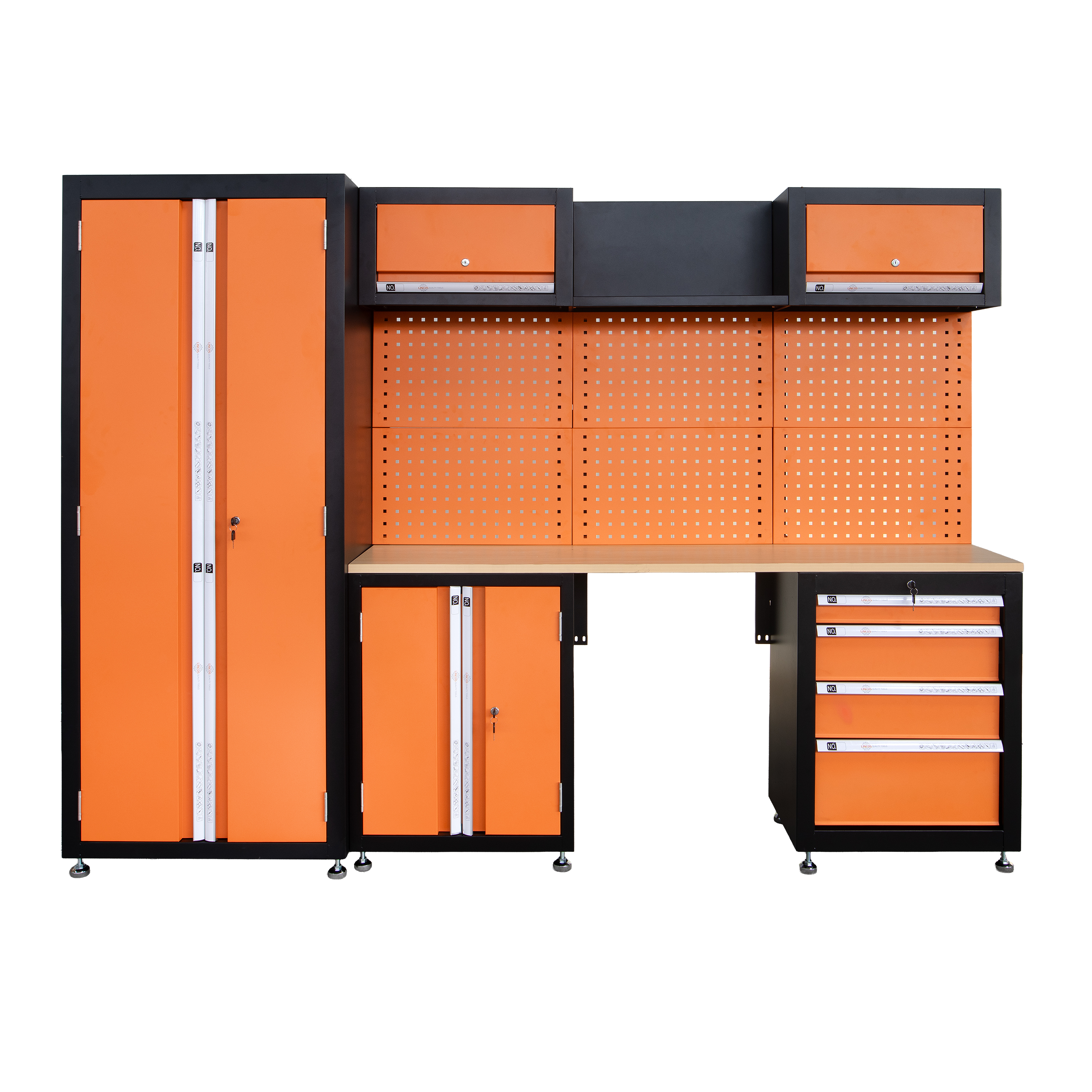 Modular garage storage system with workbench, cabinets, and pegboard Modular garage storage system with workbench, cabinets, and pegboard