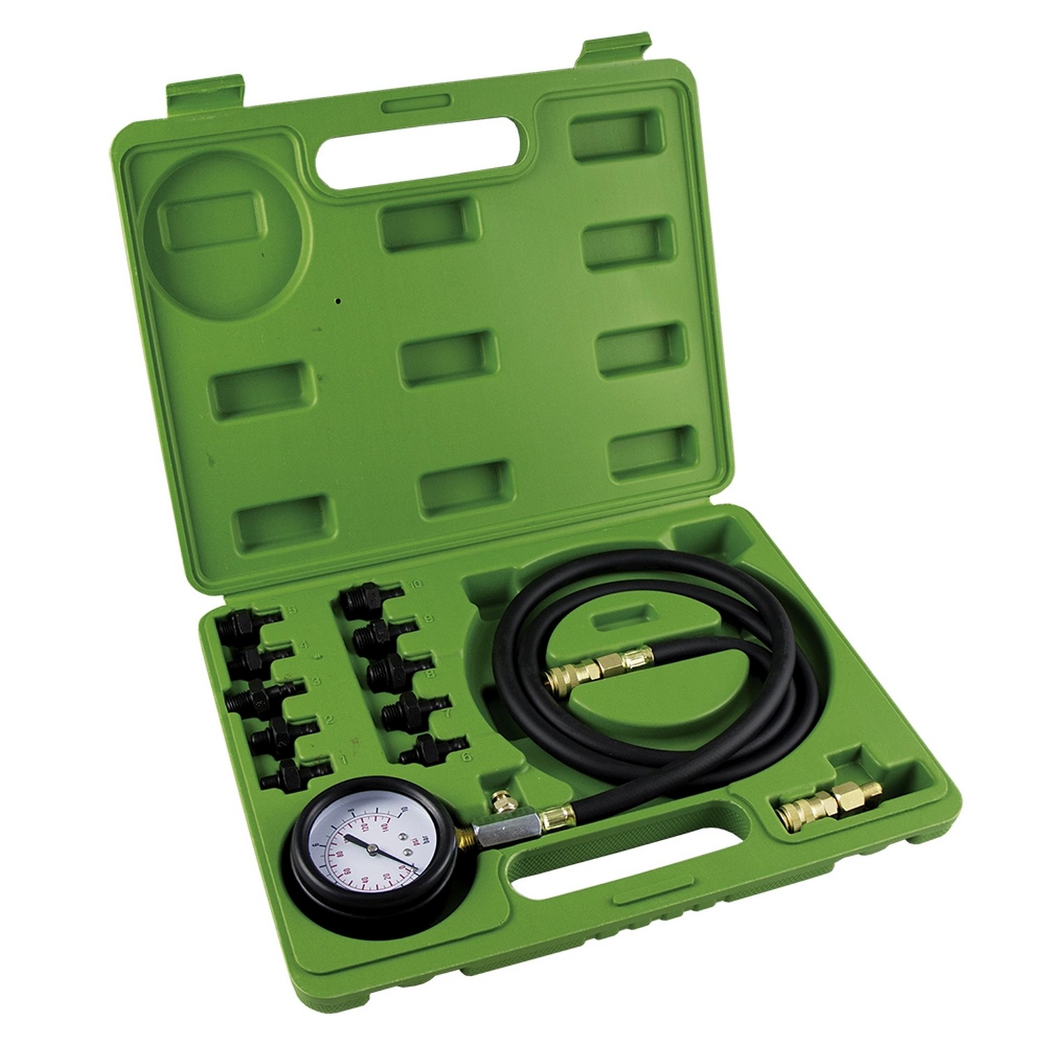 Oil pressure tester kit, hose with quick couplers, 10 adapters JBM52754