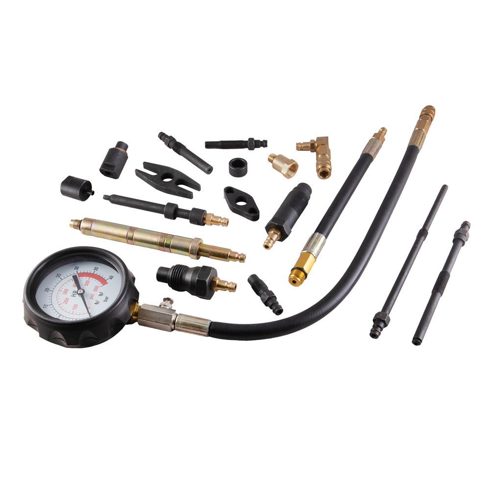 Diesel and petrol compression tester kit with glow plug and injector